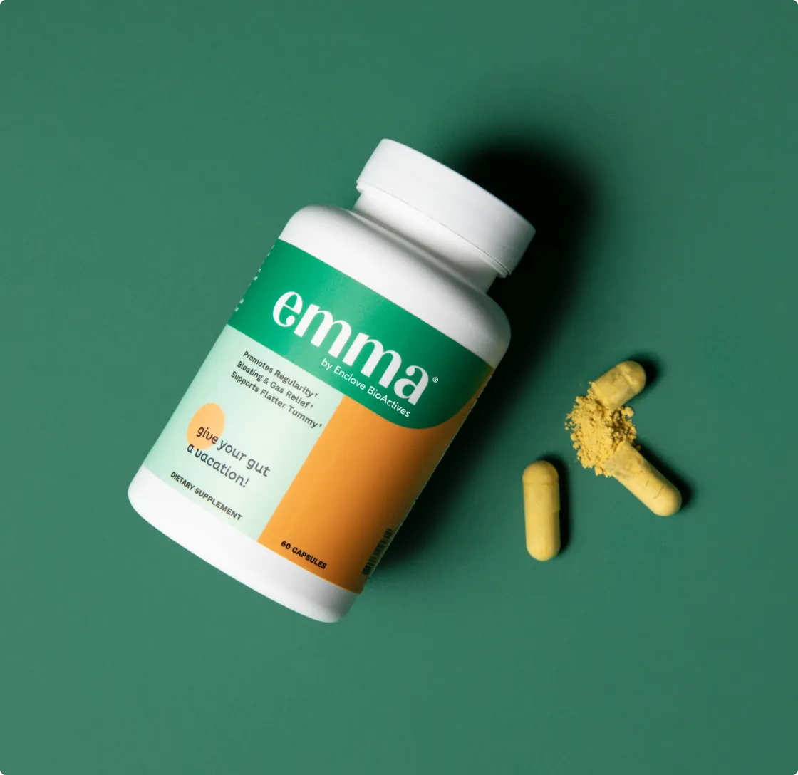 Emma Relief bottle and capsules on a green background