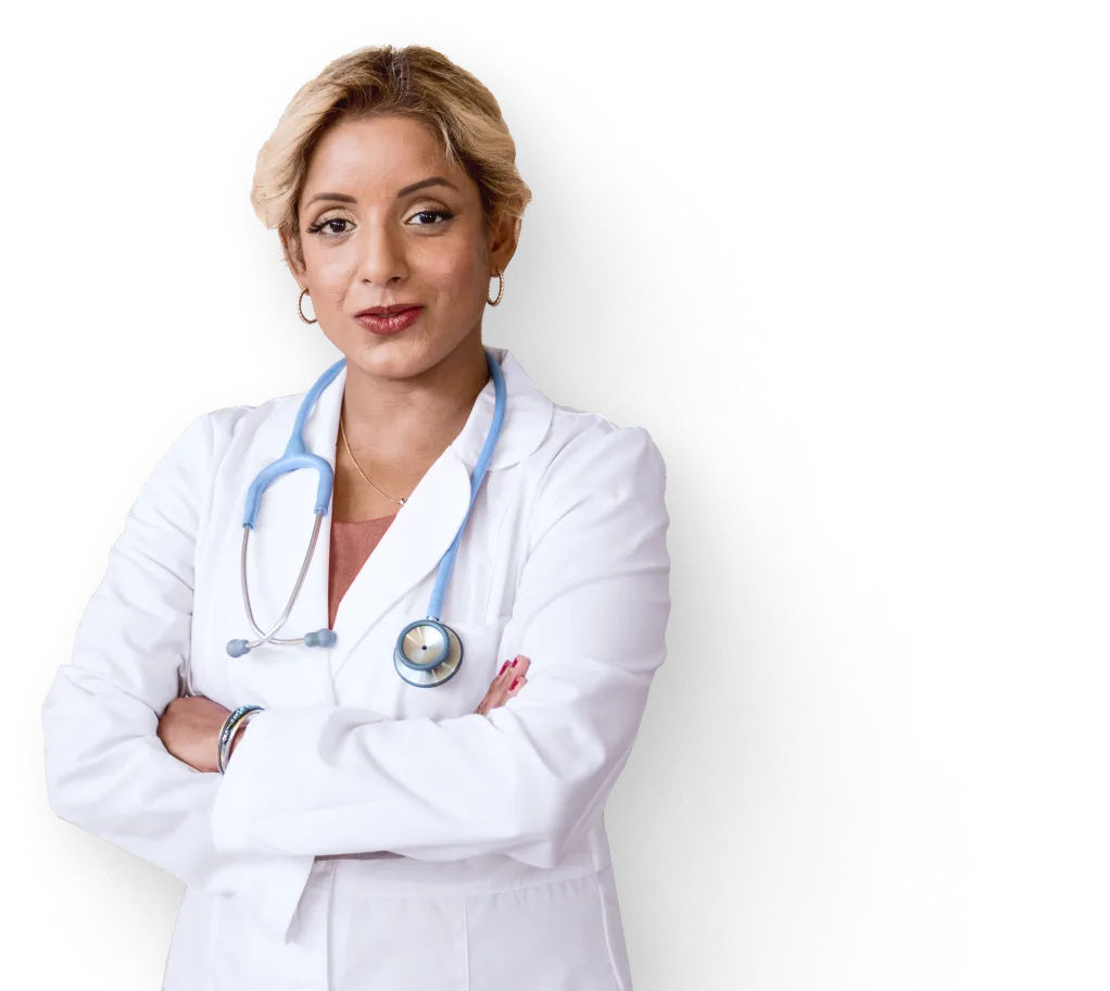 a woman in a white coat with a stethoscope around her neck