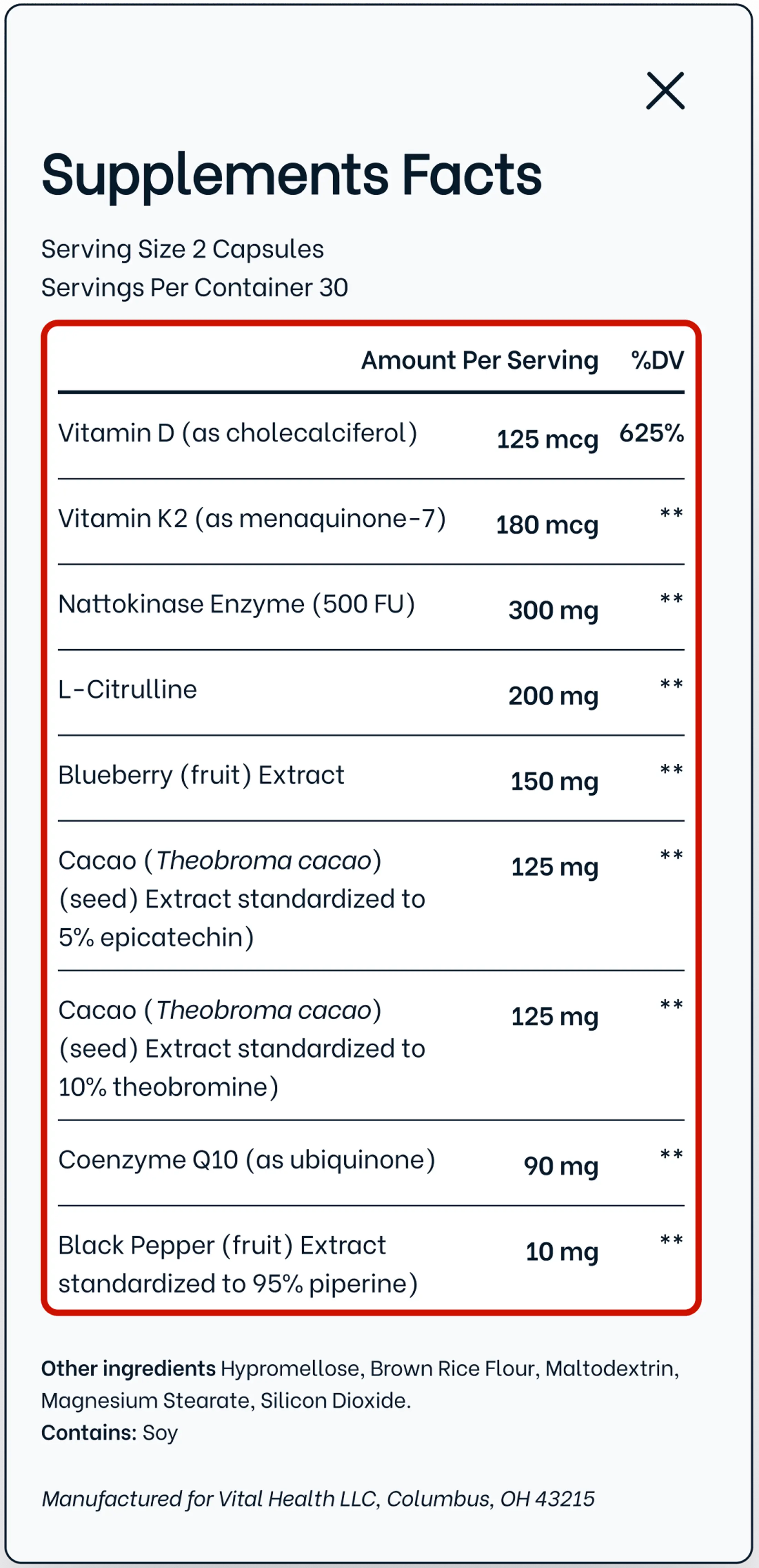 Supplement Facts Popup